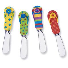 four different colored toothbrushes in the shape of flip flops