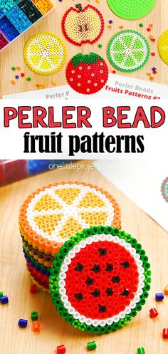 perler bead fruit patterns on a wooden table