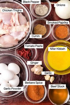 the ingredients to make chicken broth are shown in bowls on top of a wooden table