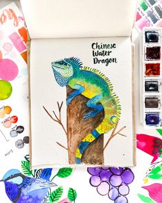 a watercolor painting of a lizard on a tree branch