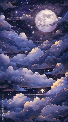 the night sky is full of clouds and stars, as if they were floating in the air