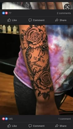 Birth Clock Tattoo, Tatto Clock, Clock Tattoo Ideas, Tattoo Scroll, Clock Tattoos, In Loving Memory Tattoos, Rip Tattoo, Memory Tattoos