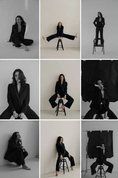 black and white photographs of people sitting on chairs, posing for pictures with their hands in the air