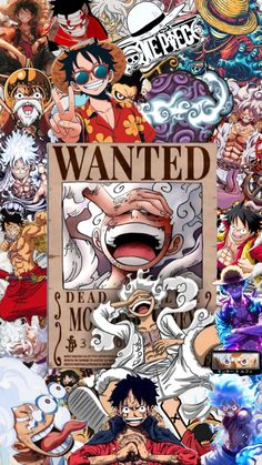 the poster for one piece is shown with many different characters in it and there are also images