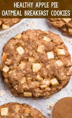 apple pie oatmeal breakfast cookies with cinnamon on top and the words easy healthy apple pie oatmeal breakfast cookies