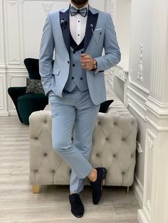 Bojoni Perris Ice Blue Slim Fit Tuxedo | BOJONI Dripped Outfits, Blue Prom Tuxedo, Blue Tuxedo Wedding, Gents Suits, Blazer Waistcoat, Sky Blue Suit, Tuxedo Colors, Blue Tuxedo, Prom Tuxedo