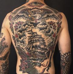 the back of a man with tattoos on his body and an eye in the sky