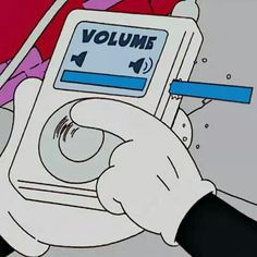 a cartoon character holding up an electronic device with the words volume in spanish on it