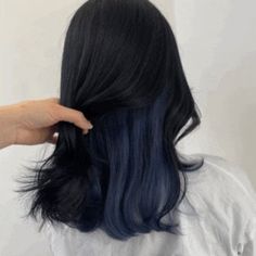 Dark Blue With Black Hair, Underside Hair Dye Blue, Navy Blue Peekaboo Hair, Hair Dye Without Bleach For Black Hair, Midnight Blue Peekaboo Hair, Hair Color Ideas For Wolf Cut, Dark Blue Hair No Bleach, Black Hair With Blue Lowlights, Brown And Dark Blue Hair