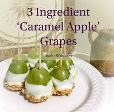 three appetizers on a white plate with the words 3 ingredient caramel apple grapes