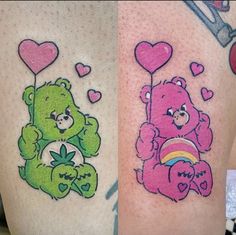 two tattoos on the legs of people with teddy bears and rainbows painted on them