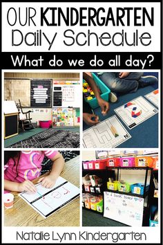 a collage of pictures with the words, our kindergartn daily schedule what do we all day?