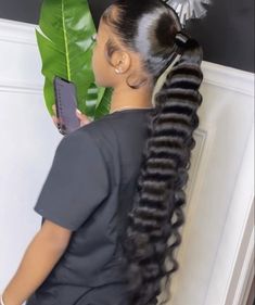 Pretty Unique Hairstyles, Long Frontal Ponytail, Ponytail With Weave Hairstyles, Ponytail With Crimps, Black Girls Ponytail Hairstyles, Ponytail Weave Hairstyles, Crimp Ponytail, Ponytail Styles With Weave, Baddie Ponytail Hairstyles