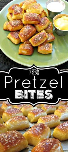 the pretzel bites are ready to be eaten with dipping sauces on the side