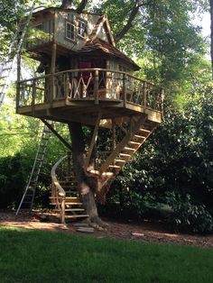 a tree house built into the side of a tree in a park with stairs leading up to it