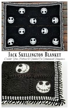 two crocheted pillows with faces on them and the words jack skellington blanket written