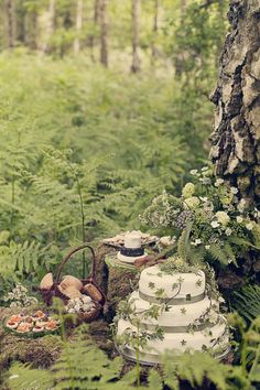 there is a wedding cake on the ground next to trees and plants in the woods