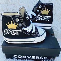 Black high tops with his name and number as shown. White High-top Sneakers For Birthday, Casual High-top Sneakers For Birthday, Customizable Black High-top Sneakers, Converse High Top, Custom Converse, Toddler Sneakers, Sneakers Athletic, Black High Tops, Converse High