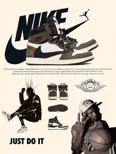 an advertisement for the nike air jordans is shown in black, white and brown