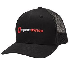 alpine swiss trucker hat in black with red and white logo on the front side