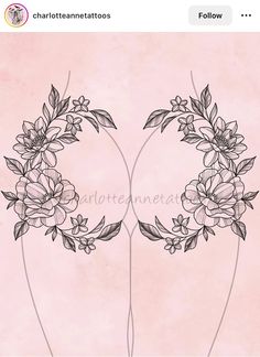 two flowers with leaves and stems on a pink background, one is drawn in black ink