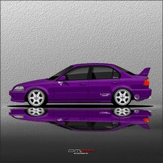 a purple car is shown in front of a reflective surface with its hood up and the door open