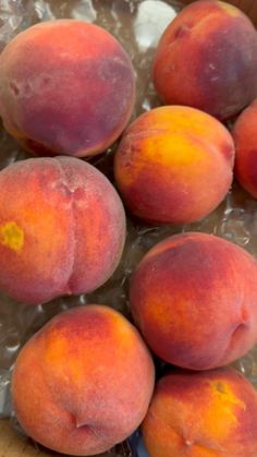 several ripe peaches sitting on top of ice