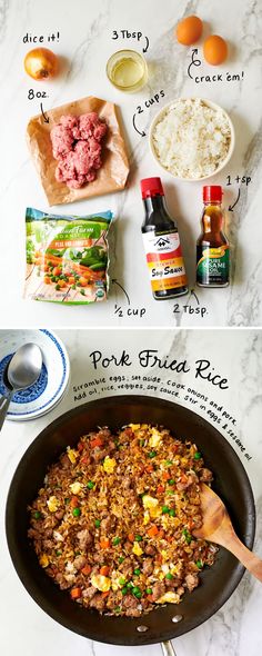 the ingredients to make fried rice in a skillet are shown on top and bottom