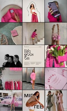 a collage of photos with pink and grey colors