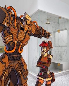 an animated image of two people standing in front of a bathroom with a large mirror