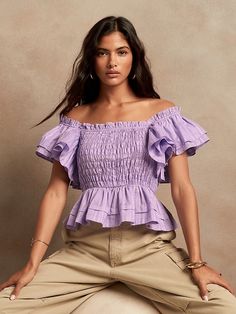 Smocked Ruffle Top | Banana Republic Sequence Blouse, Lavender Tops, Dobby Fabric, Italian Countryside, On Or Off, Top Banana, Peplum Hem, Ruffled Sleeve Top, 60s Fashion