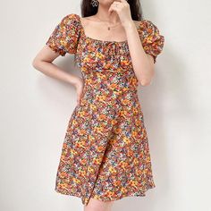 Orange floral mini dress a line Ruched Square Neck Frill Sleeve With Bowknot Front Mini Dress A Line, Old Summer, Table S, Orange Floral Dress, A Line Shorts, Frill Sleeves, Floral Mini Dress, Fancy Dresses, Elegant Style