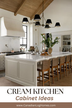 a large kitchen with white cabinets and wooden ceiling beams is featured in the magazine cream kitchen cabinet ideas