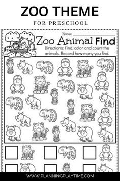 the zoo animal find and count worksheet is shown in this printable activity