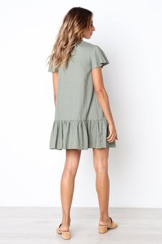 FREE SHIPPING !! Single-Breasted Button Ruffles Dress JKP593 Green V-neck Ruffle Dress, Casual V-neck Dress With Ruffle Sleeves For Summer, Casual Summer V-neck Dress With Ruffle Sleeves, Summer Casual V-neck Dress With Ruffle Sleeves, Short Sleeve V-neck Dress With Ruffles, Casual Knee-length V-neck Dress With Ruffles, Green Fitted V-neck Ruffle Dress, Green Short Sleeve Mini Dress With Ruffle Hem, Fitted Green Ruffle Dress With V-neck