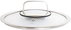 an empty lid with a metal handle on the bottom and a black ring around it