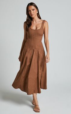 Adelyn Midi Dress - Square Neck Sleeveless A Line Dress in Tobacco A Line Dress Outfit, Midi A Line Dress, Frock Design, Reception Dress, Line Dress, Dress Silhouette, Dress Outfit, Dance Floor, Feel Confident