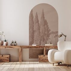 a white chair sitting in front of a wooden table