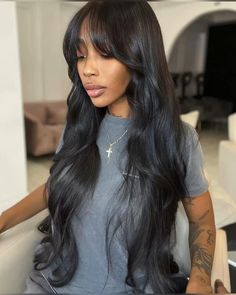 black women hairstyles, curtain bangs, fringe, sew in, wig install, tape ins, hairstyles for black women, hair inspo, sew in hairstyles, curtain bang hairstyles, protective hairstyle, weave hairstyle Full Weave With Bangs, Long Bangs Black Women, Ponytail Layered Haircut, Long Layered Hair Black Women, Fluffy Hair Black Women, Bangstyle Hair Long Black Women, Long Weave Hairstyles For Black Women, Middle Part Bangs Long Hair, Curtain Bangs Black Women