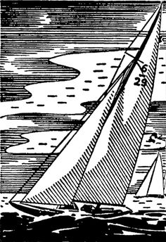 a black and white drawing of a sailboat in the ocean