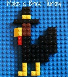 a lego duck made out of black and yellow bricks with the words make a brick turkey on it