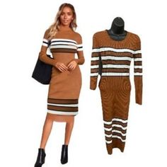 Dress Bodycon Knitted Sweater Size Large L Knee Length Longsleeve From New Look Brown White Black Short Stretch Club Camel Striped Ribbed Bodycon Sweater Dress Is Equal Parts Comfy And Cute! Medium-Weight Ribbed Knit Shapes This Easy-To-Style Dress Featuring A Round Neckline And A Trendy Black And White Stripe Panel That Runs Across The Fitted Bodice And Long Fitted Sleeves. The Figure-Flaunting Bodycon Skirt Ends At A Flirty Hemline. We Are Loving This Little Number Paired With Black Ankle Boot Casual Brown Knitted Dress, Casual Knitted Brown Dresses, White Knit Bodycon Sweater Dress, Casual Bodycon Sweater Dress For Fall, Brown Knitted Dresses For Fall, Brown Ribbed Stretch Sweater Dress, Stretch Ribbed Brown Sweater Dress, Brown Stretch Ribbed Sweater Dress, Casual Beige Bodycon Sweater Dress