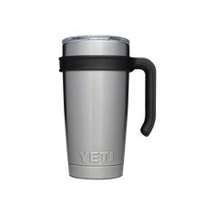 a stainless steel yeti coffee mug with black lid and handle on a white background