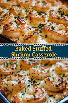 baked stuffed shrimp casserole with parsley on top and in a baking pan