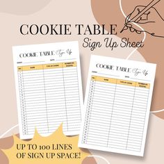 the cookie table sign up sheet is shown next to an image of a cupcake