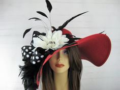 Red Black White Polka Dot Jeweled Flower Feather Kentucky Derby Church Dressy Straw Hat Kentucky Derby Hats Diy, Derby Hats Diy, Kentucky Derby Style, Derby Attire, Derby Fashion, Hot Pink Weddings, Floppy Straw Hat, Derby Outfits, Derby Hats Fascinators