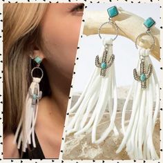 White Faux Leather Tassel Fringe Silver Cactus Faux Turquoise Stone Earrings New Brand New See Pictures For Measurements! Zinc Alloy Material Even Prettier In Person, Perfect For Casual Or Special / Formal Occasions I Love To Bundle! Contact Me For Bundle Pricing Before Purchase! Inventory Bin X Rhinestone Bling Boho Cute Nature Stud Small Dainty Formal Wedding Birthday Party Gift Festival Spring Summer 2022 2023 Trends Trendy Casual Cute Statement Earrings Fashion Accessories New Fashion Cockta Trendy White Tassel Drop Earrings, Trendy White Tassel Earrings For Summer, Jean Jewelry, Turquoise Stone Earrings, Western Crafts, Diy Leather Earrings, Cowgirl Accessories, Cute Nature, Cowgirl Jewelry