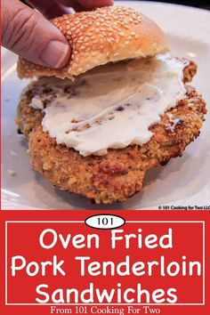 the cover of 101 oven fried pork tenderion sandwiches