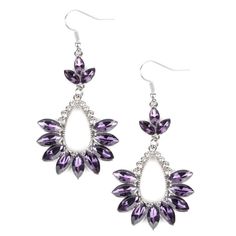 Featuring regal marquise style cuts, a fringe of glittery purple rhinestones flares out from the bottom of a dainty silver teardrop frame encrusted in sections of glassy white rhinestones. The ornate frame swings from the bottom of a matching rhinestone encrusted fitting for a regal look. Earring attaches to a standard fishhook fitting.

Sold as one pair of earrings. Paparazzi Earrings, Mixed Metal Jewelry, Purple Earrings, Purple Rhinestone, Fish Hook Earrings, Paparazzi Accessories, Ornate Frame, White Rhinestone, Affordable Jewelry