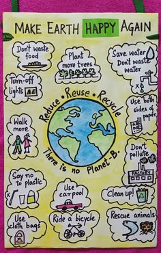 a poster with words written on it that say make earth happy again, and an image of